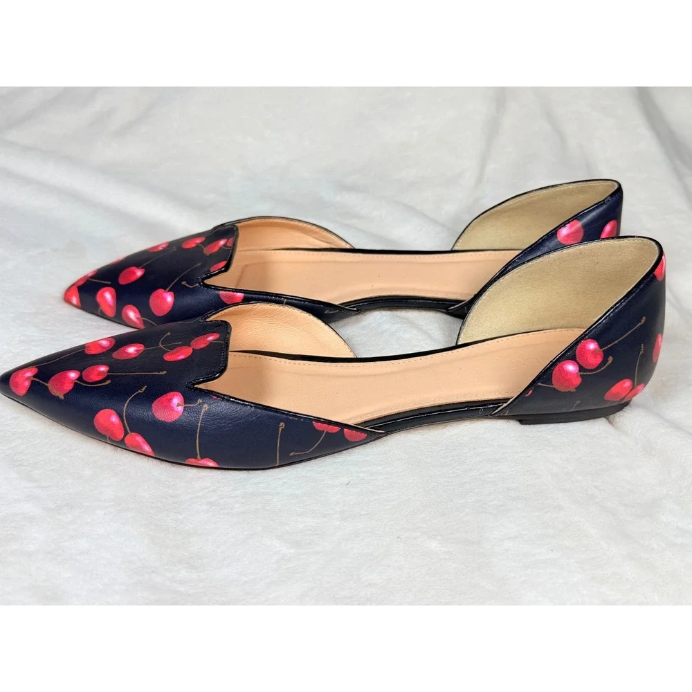 J.Crew Women Cherry Print D'Orsay Flats Size 11 Black Red Pointed Toe Leather